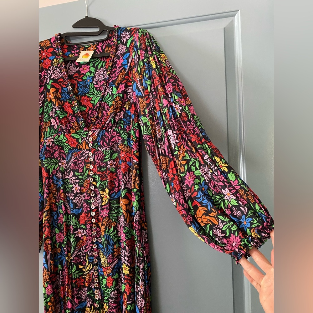 Farm Rio Tropical Garden Black Floral Midi Dress size S